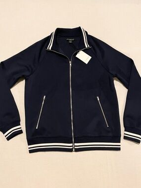en THREAD Navy Blue Full Zip Track Jacket Sporty White Stripes Size Small Flaws